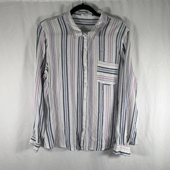 Maurices Blouse Women's XXL Pink White Striped Button Up Long Sleeve V-neck - Picture 1 of 10
